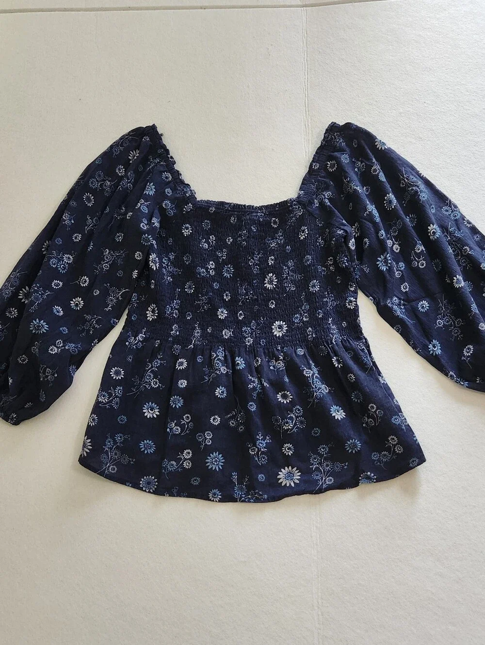 Madewell Navy Floral Smocked Square-Neck Blouse Size Xsmall 00